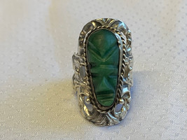 Sterling Silver Ring 11.55g Fine Jewelry Carved Green Malachite Poison Ring - £95.05 GBP