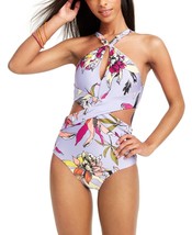 Bar III Wild Tropic Lilac Floral Printed High Neck One Piece Swimsuit Cutout L - £43.62 GBP