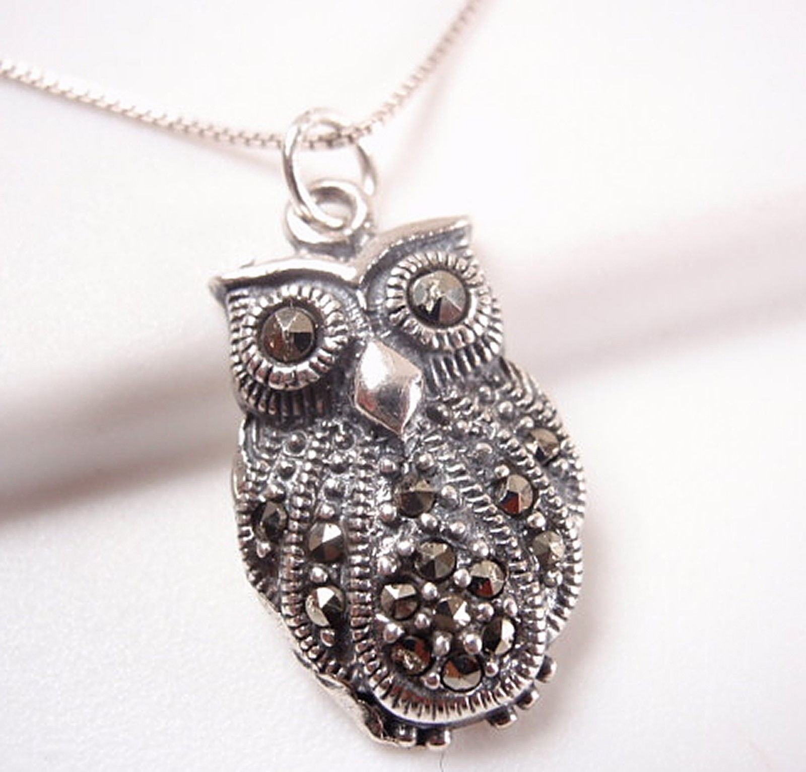 All Knowing Wise Owl Marcasite Necklace 925 Sterling Silver Corona Sun Jewelry - £19.41 GBP