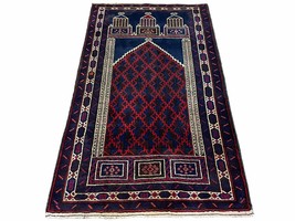 3x5 Vintage Handmade Tribal Wool Rug Balouchi Prayer Rug Afghan Rug Red Blue Wow - £211.54 GBP