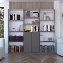 Duette 3-Pc 74&quot; Wide Bookcase w/11 Shelves, Cabinet, Gray/White - $8,746.21 MXN