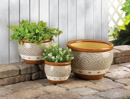 EARTH TONE TRIM PLANTER TRIO Set of 3 Indoor Outdoor Ceramic Flower Pots - £39.02 GBP