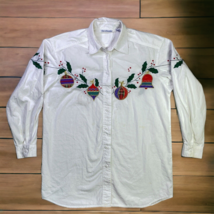 David Brooks Button Up Shirt White Long Sleeve Embroidered Holly Holiday Size 10 - £7.15 GBP