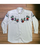 David Brooks Button Up Shirt White Long Sleeve Embroidered Holly Holiday... - £7.13 GBP