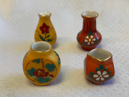 Miniature Japanese Vase Lot Floral Urns Pots Set of 4 Yellow Orange Porcelain - £31.86 GBP