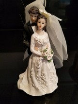 Cake Topper Wedding Ceremony Bride &amp; Groom with Fabric Veil Resin Cake F... - $7.83