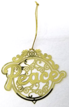 Cursive Peace Banner Christmas Ornament Brass Cut Gold Color Vintage - $12.30