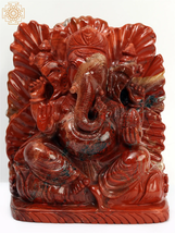 9&quot; Chaturbhuja Lord Ganesha Seated on Lotus | Red Jasper Stone Statue | Handmade - £2,134.78 GBP