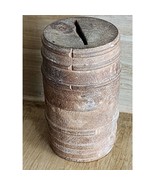 Antique Wooden Treen Barrel Bank Natural Handmade Turned Rustic 3 Inch - $20.95 CAD