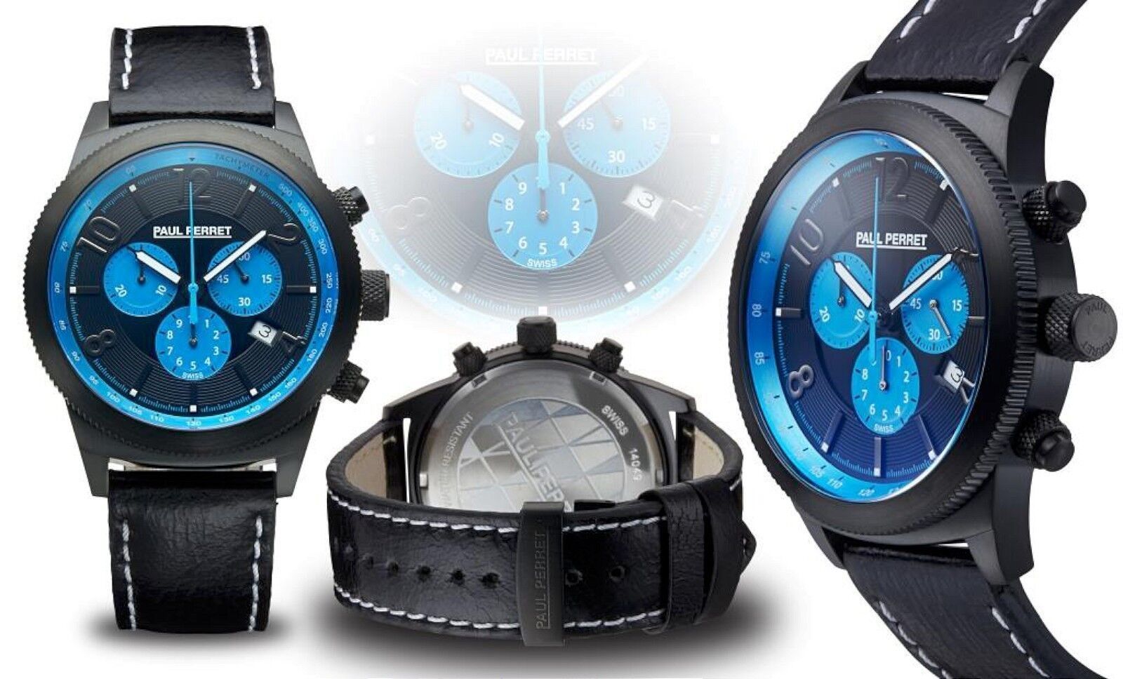 Primary image for NEW Paul Perret 14049 Gaston Men's Blue/Blk Ton Leather Swiss Chronograph Watch