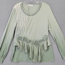 ZBA Shirt Women Size M Green Preppy Frilly Ruffle Lace Long Sleeve Scoop Neck - £8.56 GBP