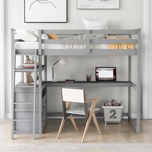 Wood Twin Size Loft Bed Frame With Desk, Shelves And Storage Drawers, For Kids T - £779.49 GBP
