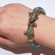 Antique Dragon Snake 2 creatures silver bracelet w/ blue hand carved stones - £631.81 GBP