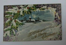 Antique 1900s Postcard To Wish You A Merry Christmas Holly Snow Winter Scene - £19.00 GBP