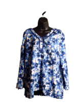 Emily Daniels Linen Blend Long Sleeve Roll Tab Blouse Blue White Print S... - $11.58