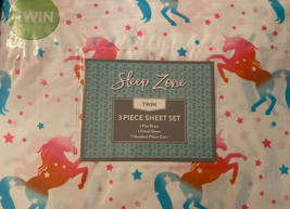 3 Pc Girls Sleep Zone Unicorns &amp; Stars Twin Sheet Set new - £19.97 GBP