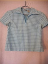 GAP Blue check 1/2 zip short sleeve cotton blend Top Size XS   - $223.01 MXN