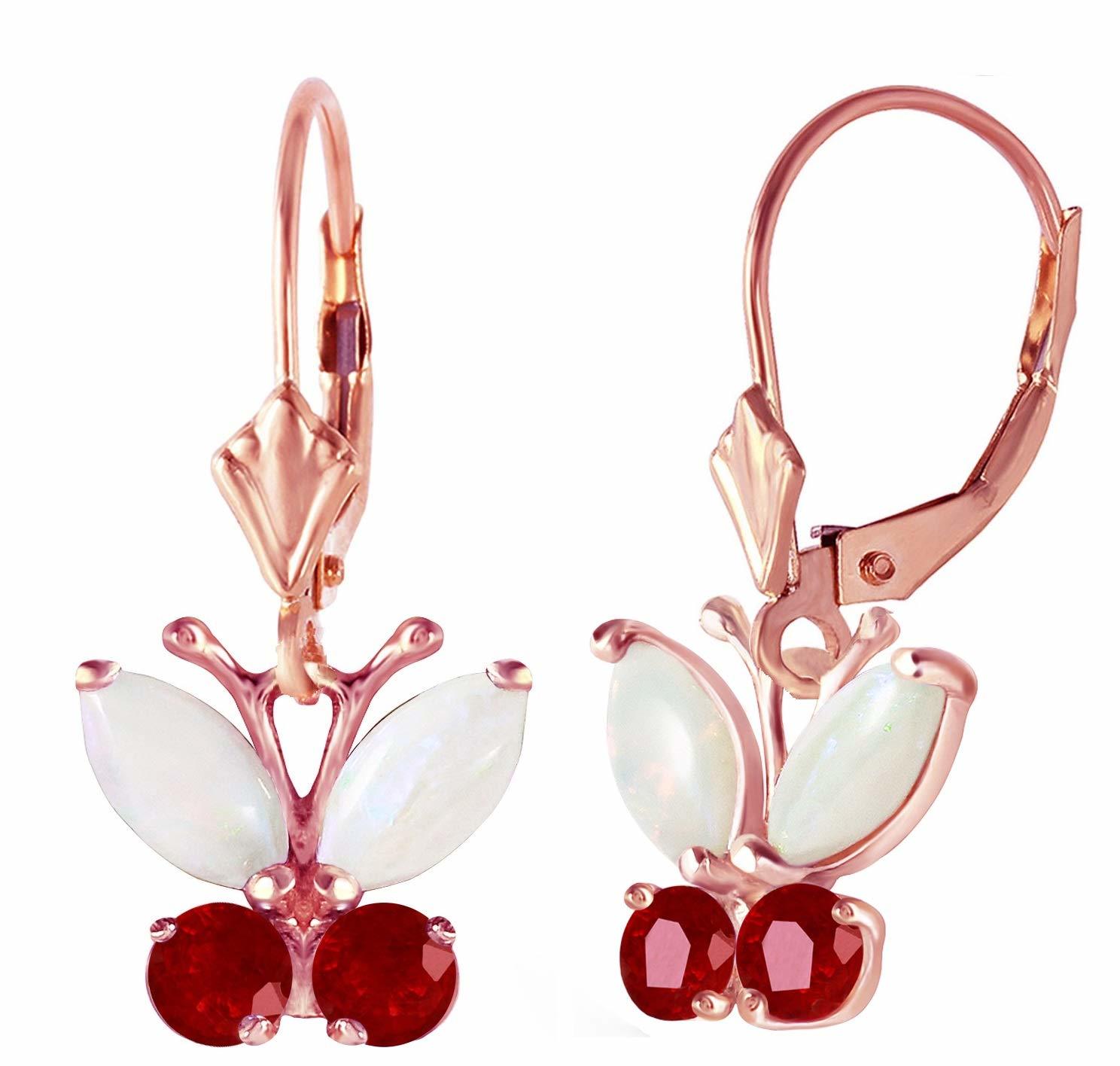 14k Solid Rose Gold Butterfly Earrings 1.39 ct Opal &amp; Ruby - $443.71+