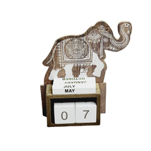 Elephant Perpetual Calendar Wooden Blocks Brown &amp; White Tabletop for Desk Office - £22.15 GBP