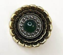 Signed Freirich Gold Tone Brooch Pin Green Cabochon &amp; Faux Marcasite Ornate Vtg - £29.86 GBP