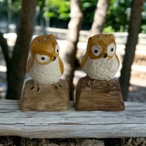 Owl Salt &amp; Pepper Shakers Vintage Hand Painted Owls on Log Ceramic VTG T... - £18.41 GBP