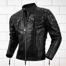 Men&#39;s Black Leather Biker Jacket: Military Style Rivet Motorcycle Coat - $209.99