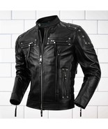 Men's Black Leather Biker Jacket: Military Style Rivet Motorcycle Coat - $209.99
