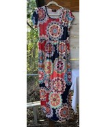 BOHO Basico Women&#39;s XL Maxi Dress Kaleidoscope Melon Coral Navy Blu S/S ... - £27.31 GBP