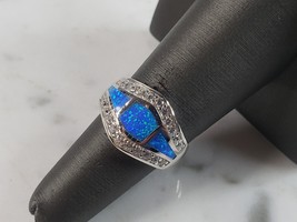 Womens Estate Sterling Silver Modernist Blue Opal &amp; CZ Ring 5.7g E1410 - £27.69 GBP