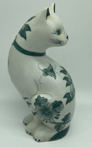 Vintage Green White Flower Floral Bow Porcelain Sitting Cat Feline Animal Decor - £13.44 GBP
