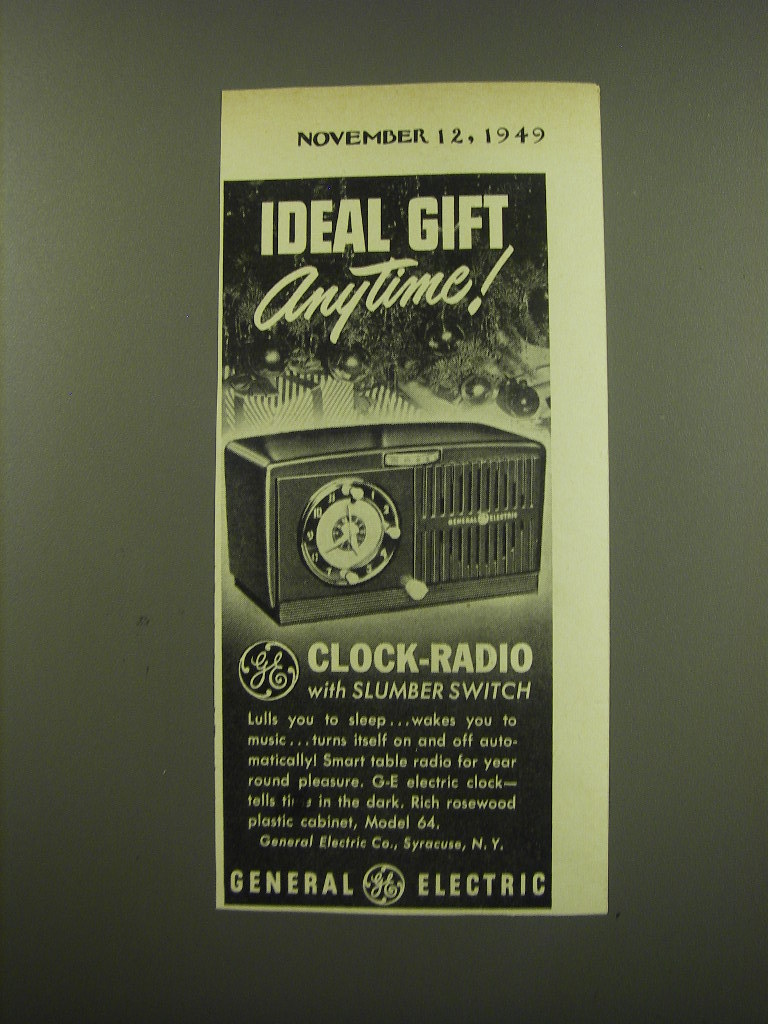 1949 General Electric Model 64 Clock-Radio Ad - Ideal gift anytime - $18.49