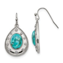 Stainless Steel Polished Imitation Turquoise and CZ Shepherd Hook Earrings - £26.41 GBP