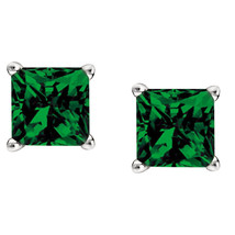 2Ct Simulated Emerald Stud Princess Cut Solitaire Earrings 14K White Gold Silver - £24.29 GBP