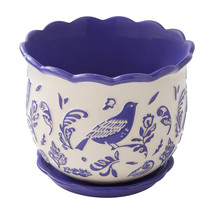 Pioneer Woman Mazie Bird Ogee Embossed Ceramic Planter 8&quot; Cobalt Blue Wh... - $28.97
