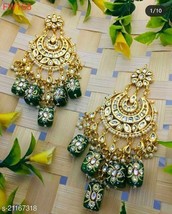 Hand Painted Beads Kundan Earrings Chand Bali Jhumka Jewelry Gold Plated Set - £23.82 GBP