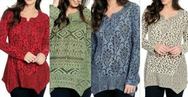 NEW - One World Patterned Chenille Long Sleeve 4-Point Hem Lace-up Tunic... - $13.48