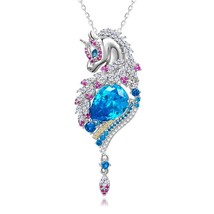 Unicorn Necklace  Pear Cut Blue Stone Inlaid For Women Sterling Silver Pendent - £140.46 GBP