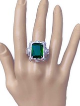 Dark Emerald Green &amp; Clear Cubic Zirconia CZ Bold  Ring  SIlver Tone Size 9 - $17.58