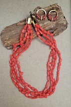 Faux Coral Chunky Multi Strand Beaded Elegant Necklace &amp; Earrings lot Chico&#39;s - £22.79 GBP