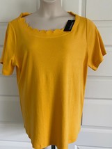  KIM ROGERS 1X Perfectly Soft Cotton Scalloped Round Neck S/S  Top Yellow - £13.47 GBP