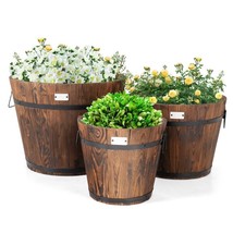 Set of 3 Outdoor Wooden Barrel Planter Pots with Handles 11.5, 15, and 18 inch - $195.51