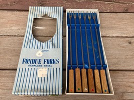 Vintage Set 6 Fondue Forks  Stainless Steel Japan Wooden Color Dot Handles w Box - £7.87 GBP