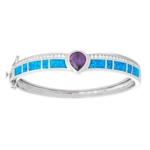 Sterling Silver Blue Inlay Opal with Center Teardrop Amethyst CZ Bangle - £266.47 GBP