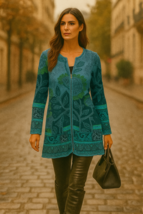 Scala Blue Multi Floral Knit Zip Coat Jacket Size M Long Sweater Coat New - $99.99