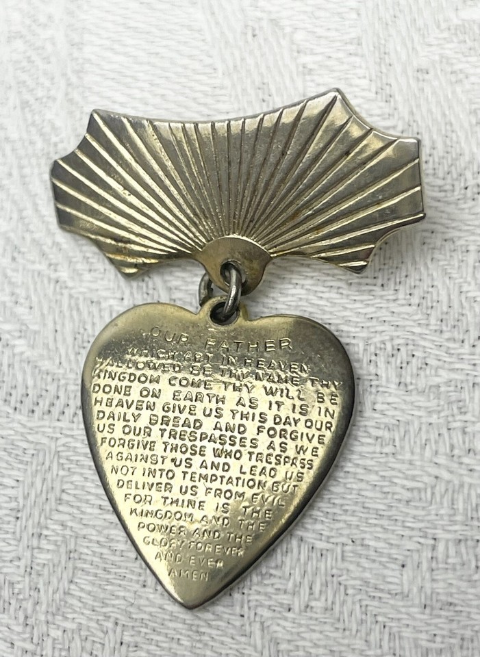 Vintage The Lords Prayer Our Father Heart Sun Rays Religious Lapel Pin 1... - $4.50