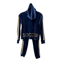 Justice Girls 2 Pc Velour Hooded Tracksuit Blue Gold Metallic Trim Soccer 12 - £15.17 GBP