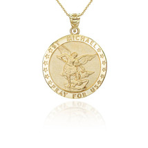 14k Solid Gold St. Saint Michael Pray for Us Round Star Coin Pendant Necklace - £195.70 GBP+