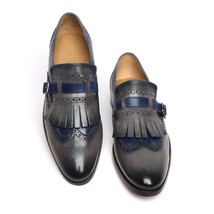 Two Tone Monk Shoes Fringed Gray Blue Men Premium Leather Burnished Plain Toe  - £109.34 GBP