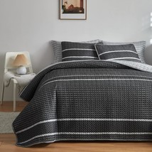 Dark Grey Boho Quilt Set Twin Size For Kids, 2 Pcs White Striped On Black Revers - £43.34 GBP