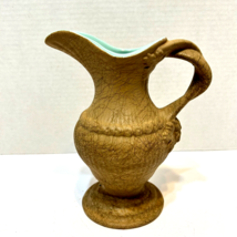 Vintage Handmade Artist Pottery Ribbed Pitcher Vase Brown Teal 7.5 inches Tall - £22.65 GBP